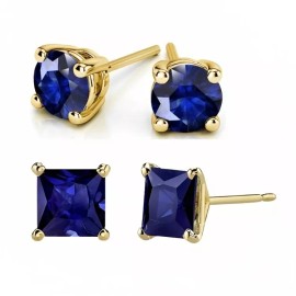 Paris Jewelry 18k Yellow Gold 2 Pair Created Blue 4mm Round & Princess Stud Earrings Plated