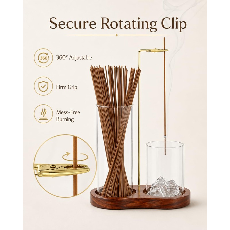 2-in-1 Walnut Wood Glass Incense Holder for Sticks, Anti-Ash Flying