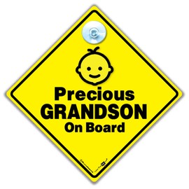 Precious Grandson On Board Car Sign, Grandson On Board Sign, Baby On Board Sign, Suction Cup Child in Car Sign 14 cm x 14cm x 2cm