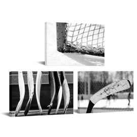 Nachic Wall 3 Panels Black and White Canvas Art Vintage Sports Decor Ice Hockey Stick Photography Painting for Ice Rink Gym Man Boys Room Decor Stretched and Framed Ready to Hang (Small)