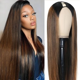 Homgoss Highlight U Part Wigs For Women, 200% Density FB30 Color Human Hair Wigs, No Sew In No Leave Out No Glue,Rose Net Cap,Upgrade FB30 Omber U Part Wigs With Elastic Drawstring 18 Inch