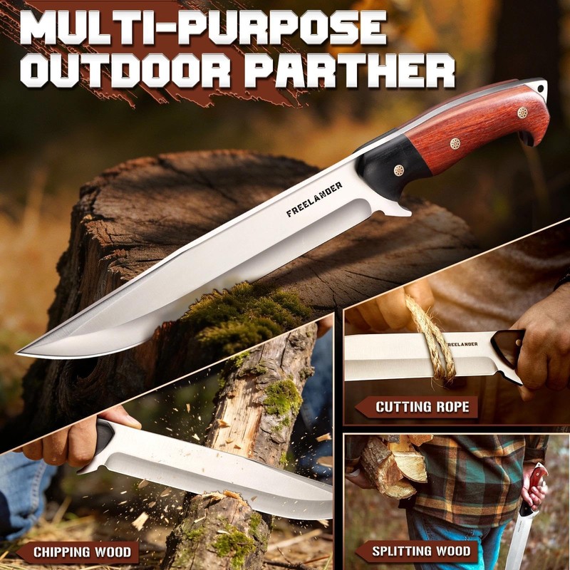 Hunting Knife with Leather Sheath, Full Tang Fixed Blade Knife