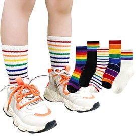 Buffydeer Children's Rainbow Socks, Girls and Boys, Set of 5, Children's Socks, Stylish, Cute, Rainbow, Border, Colorful, Students, School Commute, Cotton, Rainbow
