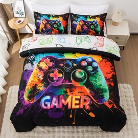 NTBED Game Console Comforter Set for Boys Girls Kids Tie Dye GamingLightweight Microfiber Gamer Bedding Sets (Multi, Full 5Pcs)