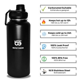Beazyness 'universeBottle' Trinkflasche aus Edelstahl - BPA-frei - Auslaufsicher - Geeignet für Kohlensäurehaltige Getränke - Isolierte Flasche mit Schraubverschluss, Fitness, Outdoor (Schwarz, 950ml)