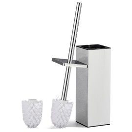 ALFKET Toilet Brushes and Holder, Stainless Steel Toilet Brush Including Holder and Splash Guard Including Toilet Brush Square Brush Set Freestanding with Extra Replacement Head 8 x 8 x 42.5 cm,