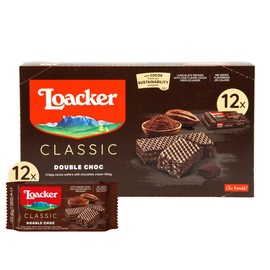 Loacker Classic Double Choc Wafers - Premium Crispy Cocoa Wafer Cookies with Chocolate Cream Filling - Multipack of 12 Snack Packs - NON-GMO - Sustainably Sourced Cocoa - 45g/1.59oz, Pack of 12