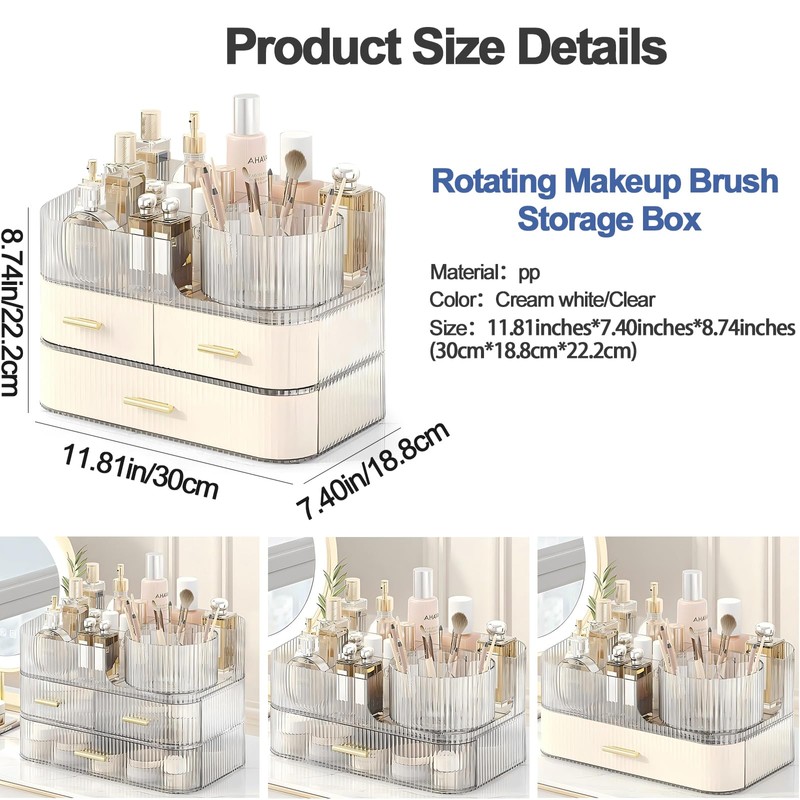 DASITON Makeup Organizer with Drawers and Rotating Makeup Brush Holder,Large