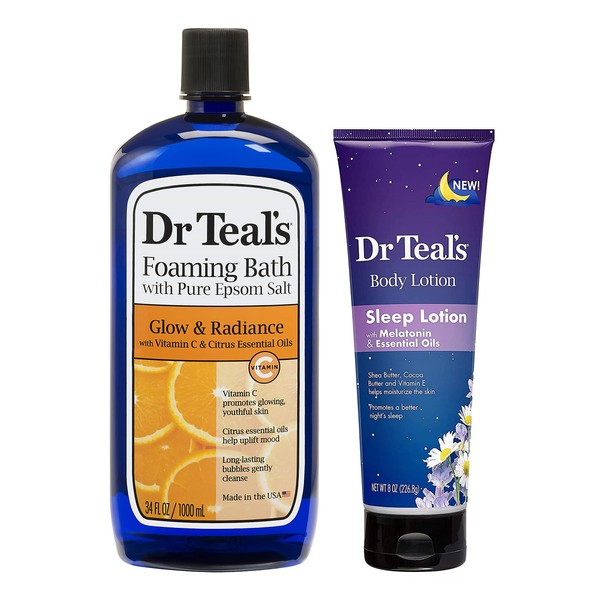 Dr Teal's Foaming Bath & Body Lotion Gift Set (2 Pack, 42oz Total) - 34oz Glow & Radiance Vitamin C & Citrus Foaming Bath & 8oz Nighttime Therapy Melatonin Body Lotion - at Home Spa Kit