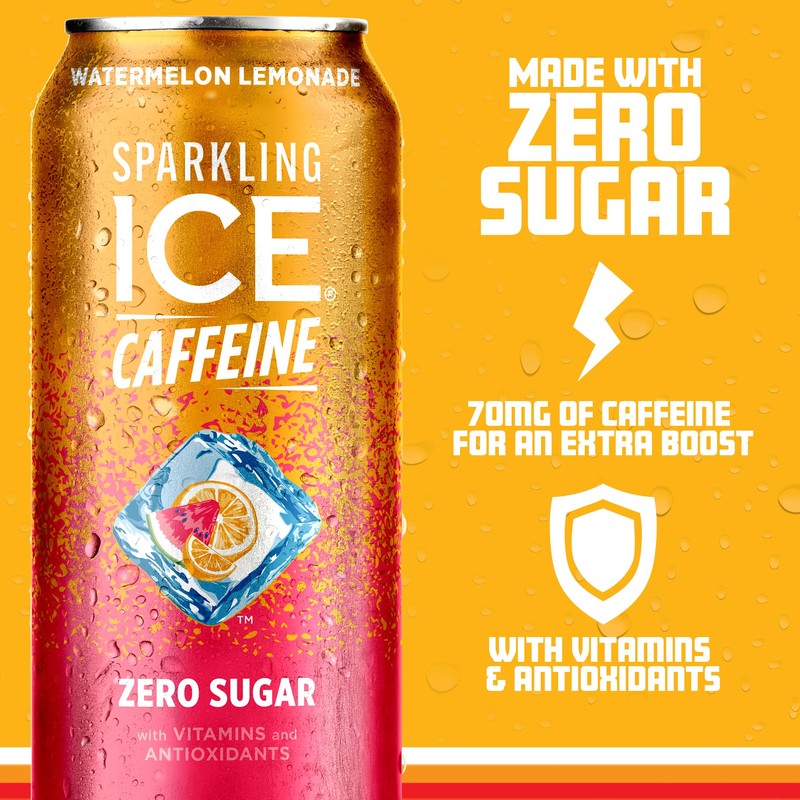 Sparkling Ice Caffeine Watermelon Lemonade Sparkling Water with Caffeine, Zero