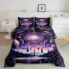 Dream Catcher Twin Size Comforter Set,Purple Boho Dream Catcher Quilt Set Soft Bed Collection,Galaxy Bohemian Feather Print Bedding Comforter for Boys Girls Room Decor,2 Pcs