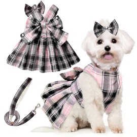 PETCARE Cute Dog Dress Clothes for Small Dogs Cats Girl Female Pink Plaid Bow Tie Dog Harness Dresses Leash Set with Pearls Bow Accessories Birthday Puppy Dress Shih Tzu Yorkies Chihuahua Outfits