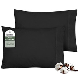 ROYALE LINENS 100% Organic Cotton Percale Pillowcases Set of 2 - Standard Size Percale Pillowcase - Standard Set of 2 Pillow Cover - Breathable, Cool & Crisp Black Pillow Cases (20"x26", Black)