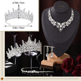 Inbagi Inbagi 4 Pcs Quinceanera Crowns Costume Jewelry Sets Bride Wedding Crystal Queen Crowns Rhinestone Necklace Dangle Earrings Link Bracelet Set (Silver)
