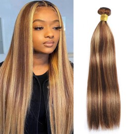 P4/27 Straight Bundles Human Hair Bundles Straight 1 Bundle Ombre Grade 12A 100% Unprocessed Brazilian Hair Bundles （Highlighted Brown Bundles Human Hair 16inch）