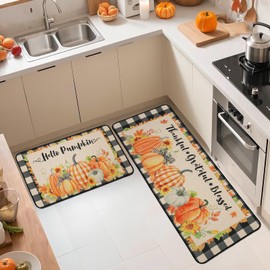 MEHOFOND Hello Pumpkin Kitchen Mats Set of 2, Fall Thanksgiving Decor Mat, Buffalo Plaid Farmhouse Autumn Harvest Pumpkin Thankful Holiday Absorbent Non Slip Anti Fatigue Rugs 17 x 29 and 17 x 47 in