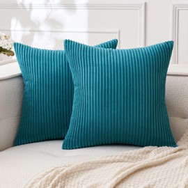 MIULEE Pack of 2 Teal Corduroy Pillow Covers Soft Boho Striped Throw Pillow Covers Set Decorative Square Cushion Cases Pillowcases for Sofa Bedroom Couch 16 x 16 Inch
