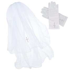 Funsveta First Communion Veil and White Gloves Headband Headpiece for Communion Day (White)