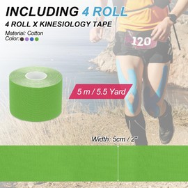 PATIKIL 5.5 Yard x 2 Inch Kinesiology Tape, 4 Roll Adhesive Cotton Sports Muscle Support Tapes Waterproof Elastic Tape for Knee Ankle Wrist Shoulder, Green/Blue/Purple/Coffee
