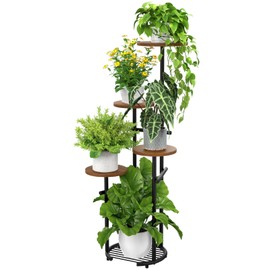 TOSKING 5 Tier Thickened Metal Plant Stand Indoor,Plant Shelf, Corner Shelf, Flower Pot Stand for Multiple Plants, Indoor Plants Tiered Stand for Living Room Balcony Garden Patio Bedroom (Black and Brown, 42in)
