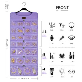SMRITI Hanging Jewelry Organizer with Dual Zippered Pockets Canvas Double Sided Rotating Hanger Necklace Hanging Wall Organizer Earring Dustproof Holder Wall Mount Accessories Display Bag(Purple)