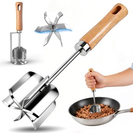 304 Stainless Steel Meat Chopper & Masher - Heavy Duty 6 Curve Blades Ground Beef Chopper Tool Potato Masher Hamburger Smasher Tool for Kitchen Cooking Vegetable Puree (Silver, M)