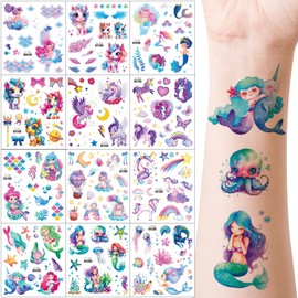 12 Sheets Glitter Temporary Tattoo for Girls Unicorn Mermaid Temporary Tattoo Stickers for Kids Safe Removable Waterproof Fake Tattoos for Birthday Party Favours Girls Party Bag Fillers