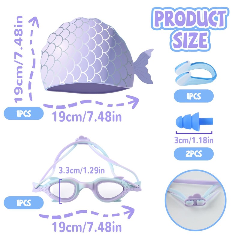 Dwafill Swimming Goggles + Swimming Cap Set, Swimming Cap (Purple)