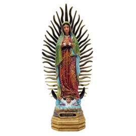 mrcjsales Virgen de Guadalupe 8-Inch Statue, Green and Red, Engraved Spanish Name, Sun Rays Back Piece, Perfect for Catholics and Christians