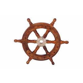 TUP The Urban Port 12" Teak Wood Ship Wheel with Brass Inset and Six Spokes, Brown and Gold