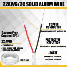 Timgle 22/2 White Solid Door Bell Wire100ft Stranded Fire Security Alarm Cable CMP/CL3P Shielded Rated Burglar Station for Low Voltage LED, Burglar System, Fire Detector, Door, 22AWG
