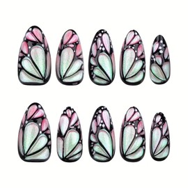 24 Pcs Spring Press on Nails Short Almond,YIHONGYAN Fake Nails Press ons 3D Butterfly Black Pink Nail Acrylic Kit Glue on Nails Full Cover False Nails with White Spots Design Stick on Nails for Woman