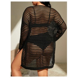 WDIRARA Women's Plus Size Swimwear V Neck Hollow Out Split Hem Bikini Cover Up Long Sleeve Beach Dress Black 2XL
