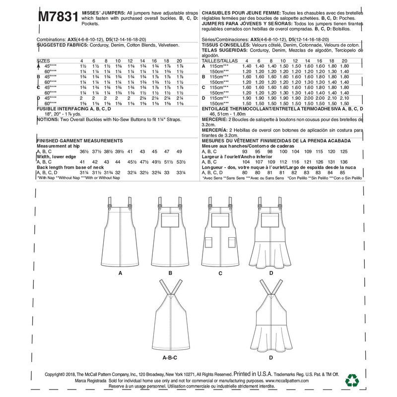 McCall’s Sewing Pattern M7831 Misses’ Pinafore Dresses