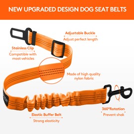 Nzonpet Dog Seat Belt, Retractable Dog Car Seatbelts, Safety Dog Seat Car Harness for Car Travel, Reflective Heavy Duty Pet Seat Belts w/Stainless Hook and Elastic Bungee Buffer-Orange