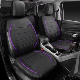 CAR PASS Piping PU Leather Car Seat Cover,Inside Zipper Design and Reserved Opening Holes Airbag Compatible,Universal FIT for Car, SUVs,Van,Trucks,Full Set, Black & Purple