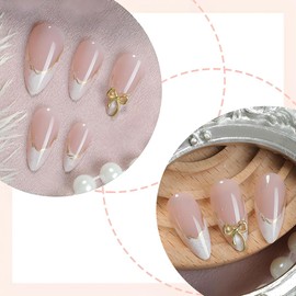 Press on Nails Long almond Fake Nails with French Exquisite Bow Gold Line Designs Bow False Nails Glossy Gel Artificial Full Cover Stick on Nails for Women 24Pcs