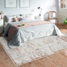 COZYLOOM Area Rug 9x12 Vintage Medallion Rug Extra Large Living Room Rug Oriental Distressed Floor Carpet Non Slip Washable Rug Low Pile Foldable Floor Cover Bedroom Dining Room Home Office Beige