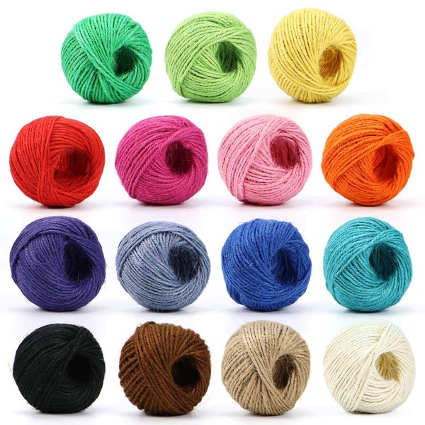 HULISEN Colorful Jute Twine, 15 Rolls 2mm 3 Strands Natural Jute String for Artworks, DIY Crafts, Picture Display and Embellishments, Festive Twine for Gift Wrapping (Each 82 Feet)