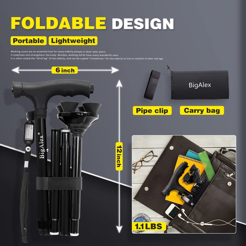BigAlex Folding Walking Cane with LED Light,Pivoting Quad Base,Adjustable Walking