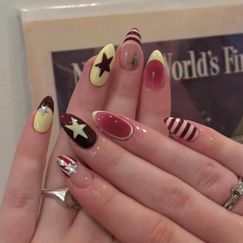 Glamoreal Medium Almond-Shaped Press-On Nails – Cute Striped Y2K-Style Nails,