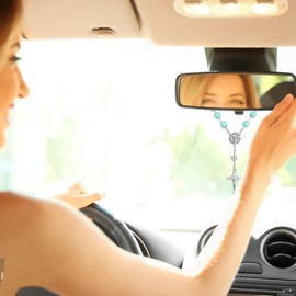 4 Pcs Rosary Beads Catholic, FineGood Cross Car Mirror Hanging Accessories Blessing Auto Rear View Mirror Pendant Car Decor Interior