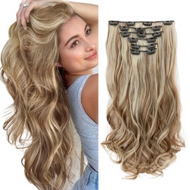 TESS Hair Extensions Clip in Natural Curly Heat Resistant Synthetic Fiber Hairpieces for Women UK 6PCS 16 Clips 22 Inch 150g #6H613 Balayage Light Brown & Bleached Blonde