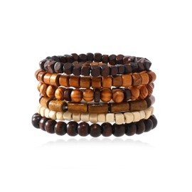 Ticome 6Pcs Wooden Bead Bracelet,Bohemian Holiday Commemorative Men's Multi-Layer Bead Wrist Adjustable Elastic Natural Retro Meditation Prayer Cuff Wrap Bangle Jewelry Set