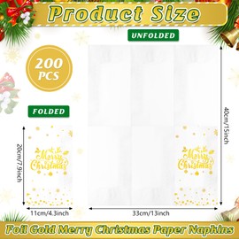 200Pcs Merry Christmas Napkins, White Gold Foil Disposable Paper Napkins, Paper Cocktail Napkins Hand Towels for Christmas Dinner Winter Holiday Party Decorations and Supplies, 7.9 x 4.3 Inch