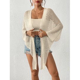 Women Crochet Swimsuit Cover Up Hollow Out Bathing Suit Coverup Open Front Batwing Summer Outfit Top