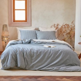 QKTE Striped 100% Washed Cotton Duvet Cover Set King Size 3Pcs(1 Comforter Cover&2 Pillowcases), Natural Cotton Bedding Set Soft Breathable Farmhouse Zipper Closure All Seasons(Dark Gray-White,King)