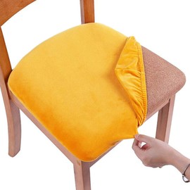 smiry Stretch Chair Seat Covers for Dining Room, Velvet Dining Chair Seat Protectors Chair Slipcovers, Set of 2, Mustard Yellow