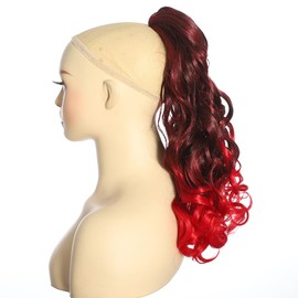 YUDAOHAIR 8 Inch Ponytail Extension Freedom Curl Clip In Curly Wavy Ponytail Extensions Drawstring Short Ponytail Hairpiece Ombre Black to Red Synthetic Hair Pieces for Women