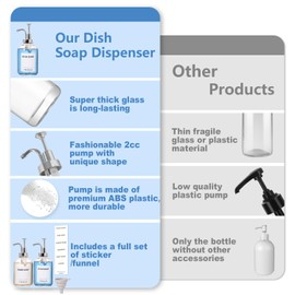 12oz Dish Soap Dispenser for Kitchen, Hand Glass Soap Dispenser Set with Pump, Tray, Funnel for Bathroom, Shower, Laundry, Liquid, Lotion (Silver 2 Pack Clear Bottles with 12 Stickers)